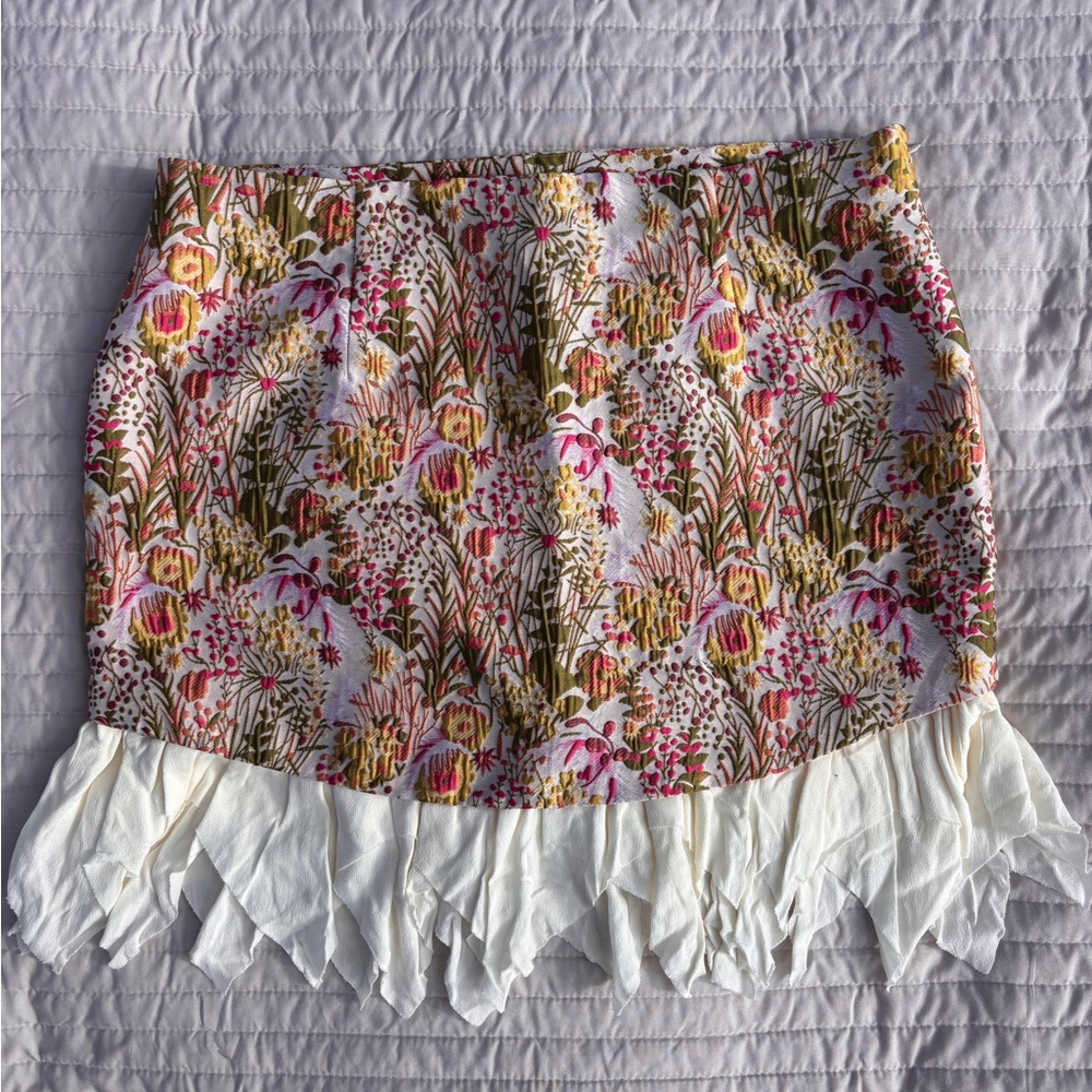 Anthropologie Pink Yellow Floral Mini Skirt with Fringe Trim